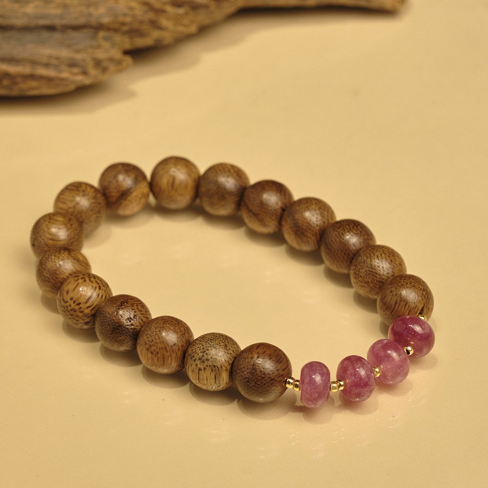 Vòng Tay Trầm Hương - Trầm tốc vườn tròn đơn đan dây mix charm đá tourmorline 10li theo phong thuỷ 