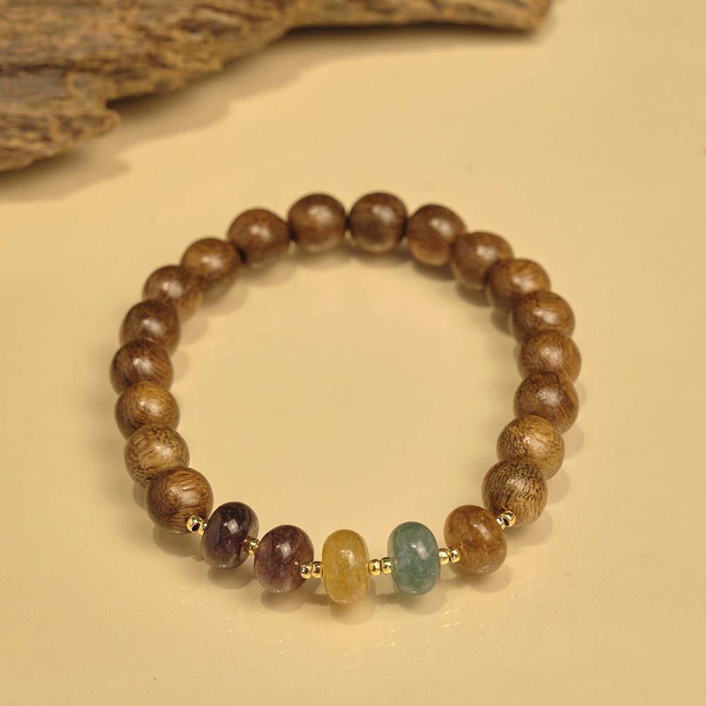 Vòng tay Trầm Hương, Trầm tốc vườn tròn đơn đan dây mix charm đá đơn giản thanh lịch 8li, theo mệnh phong thủy 